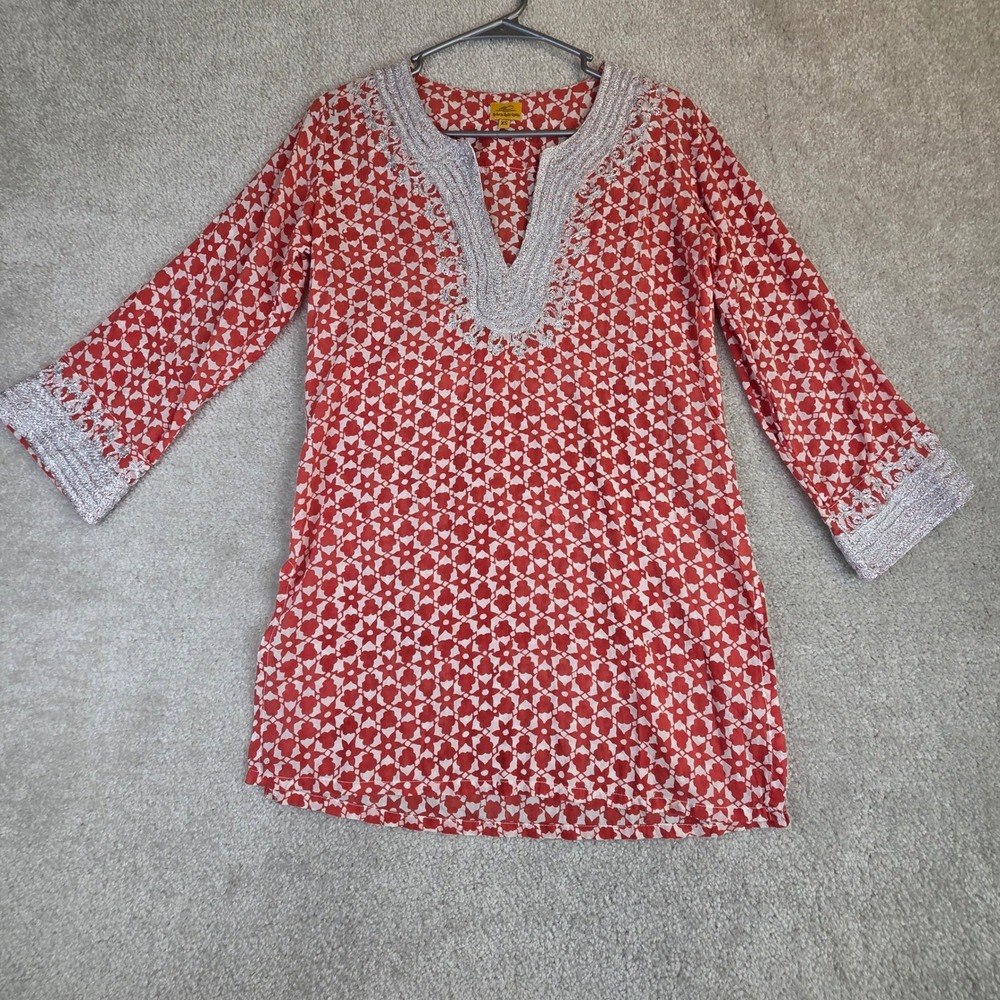 Roberta Roller Rabbit Red White Cotton Embroidered Tunic‎ Top XS Boho Beach